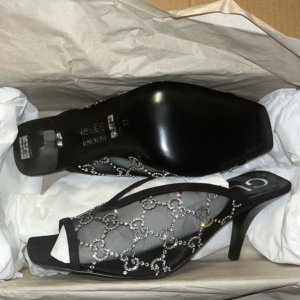 Gucci Black Crystal-Embellished Mesh Mules